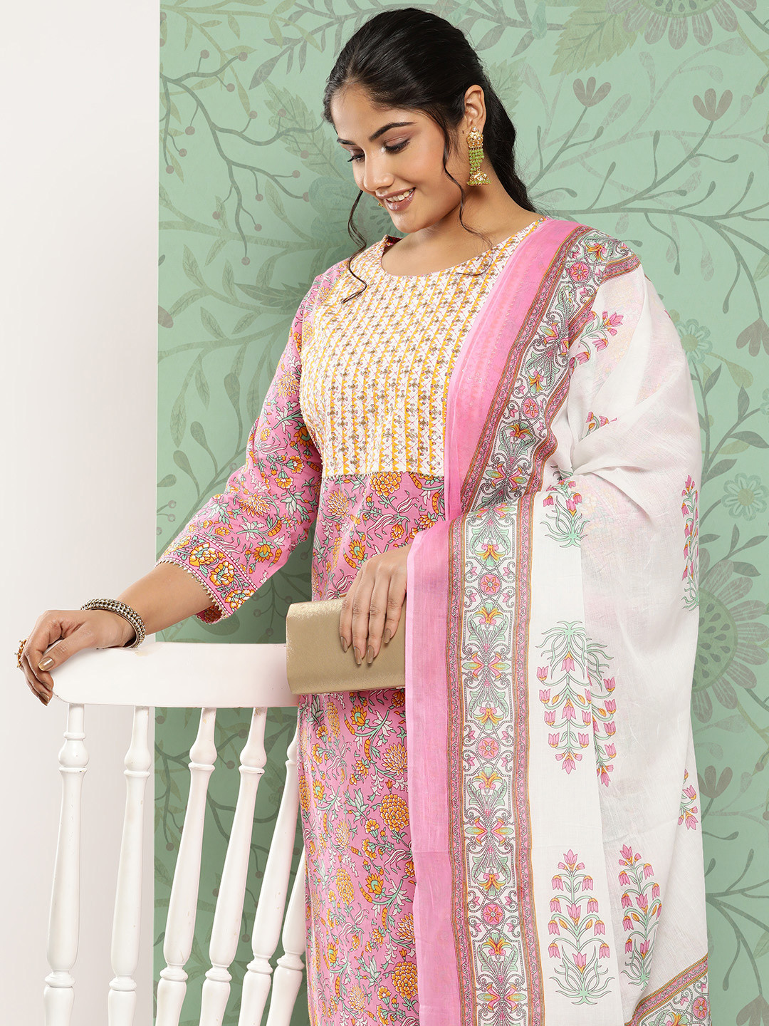 

Yufta Plus Size Ethnic Motifs Printed Pure Cotton Kurta with Trousers & With Dupatta, Pink