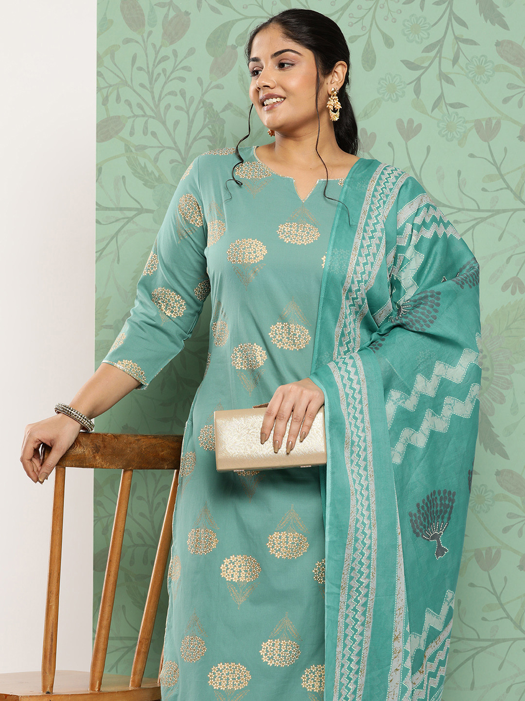 

Yufta Plus Size Ethnic Motifs Printed Regular Pure Cotton Kurta With Trousers & Dupatta, Blue