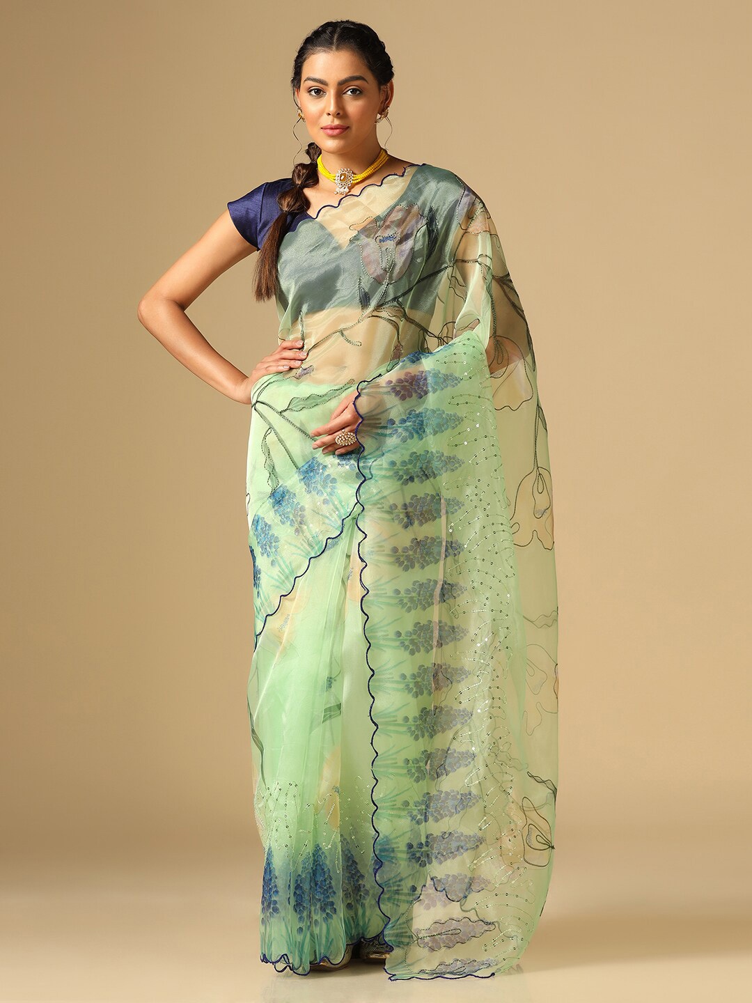 

Mitera Floral Sequinned Organza Saree, Green