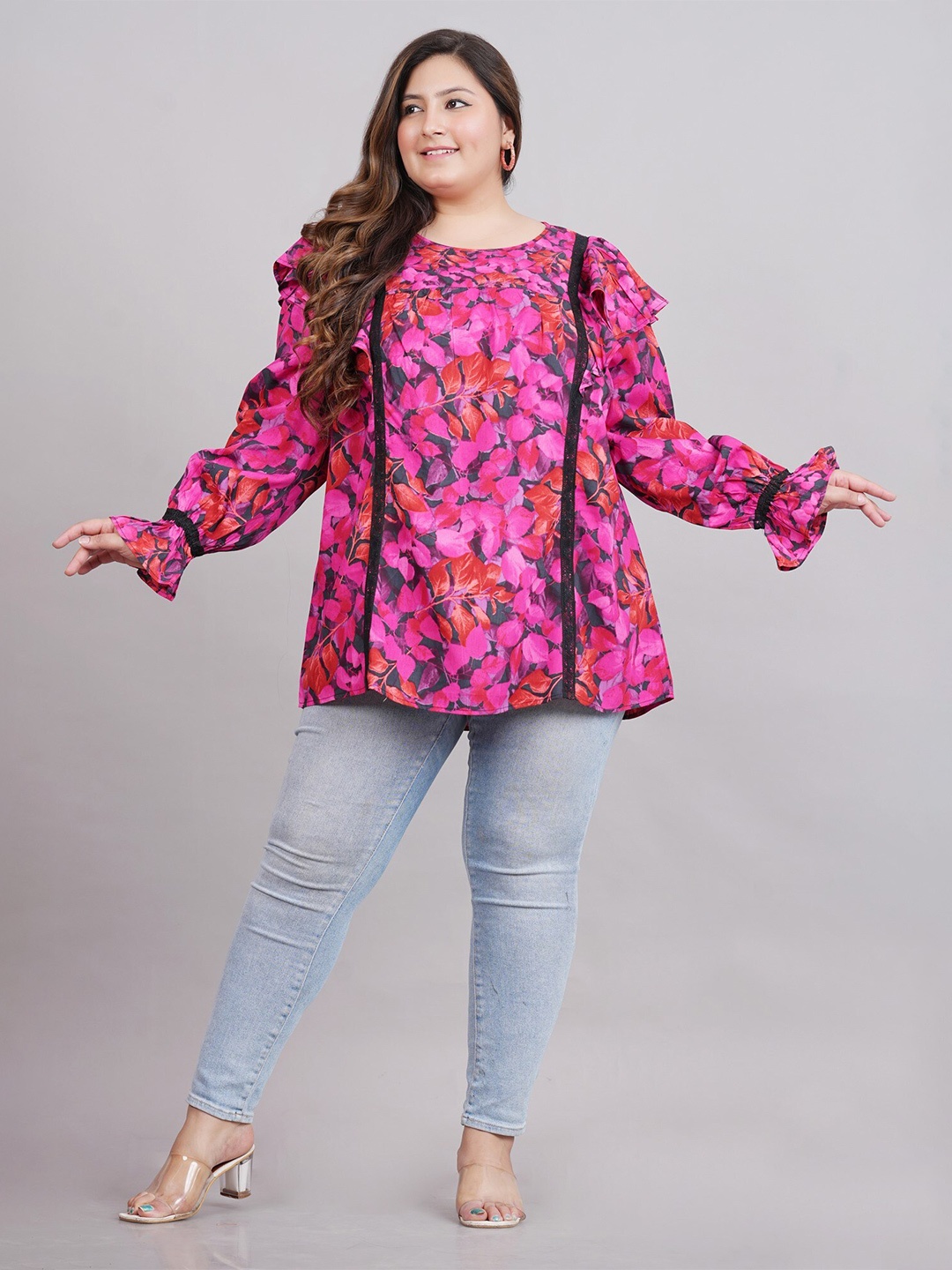 

HERE&NOW Plus Size Floral Printed Puffed Sleeves Top, Pink