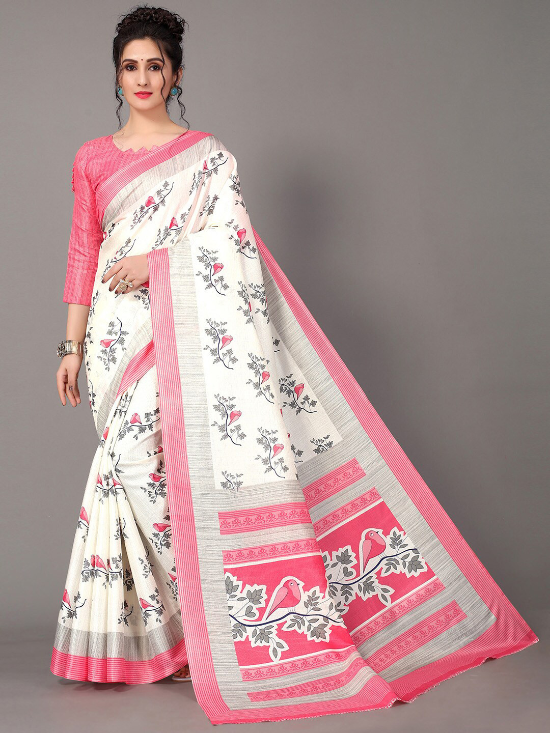 

GORGONE Floral Printed Silk Blend Saree, Pink