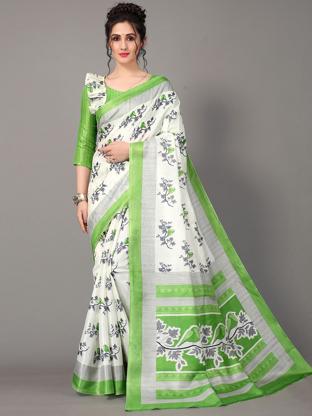 

GORGONE Floral Printed Silk Blend Saree, White