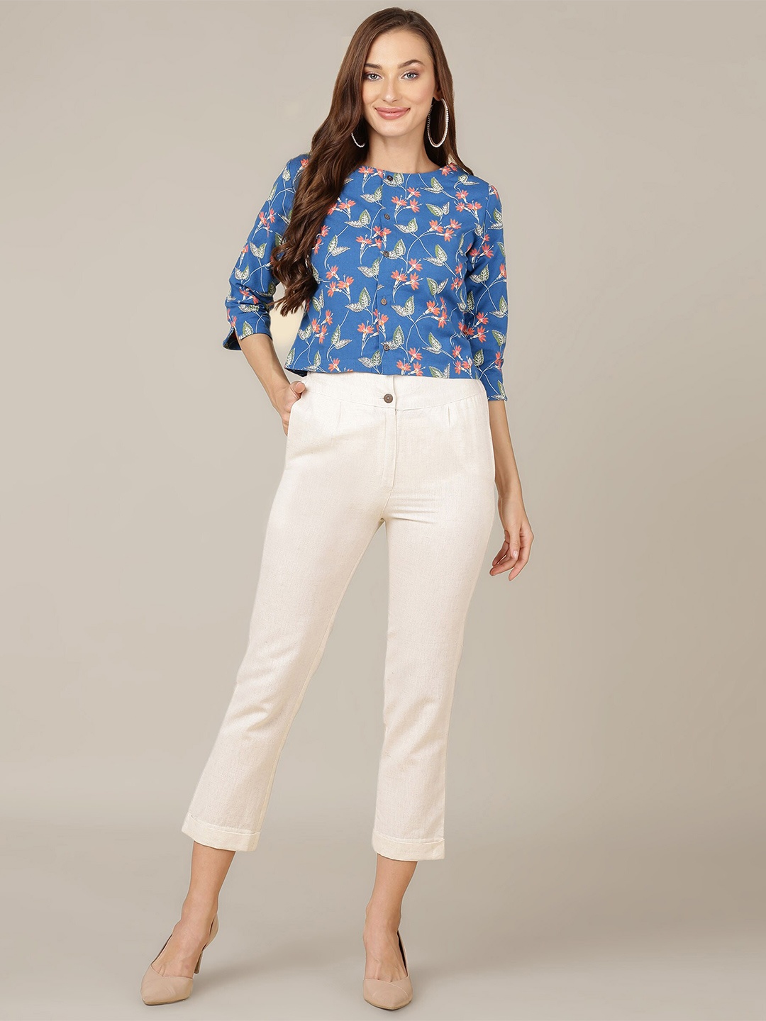 

HERE&NOW Floral Printed Round Neck Top with Trousers Co-Ords, Blue