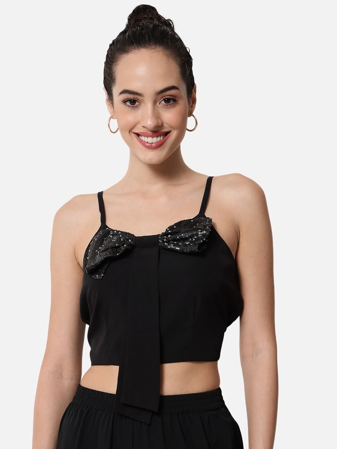 

ALL WAYS YOU Shoulder Straps Sequined Bow Fitted Crop Top, Black