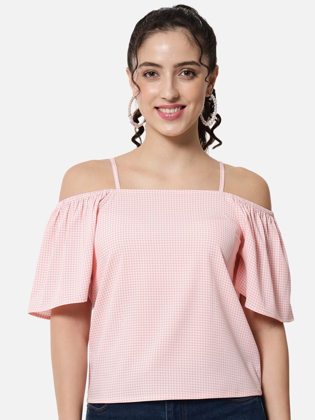 

ALL WAYS YOU Checked Flared Sleeves Bardot Top, Pink