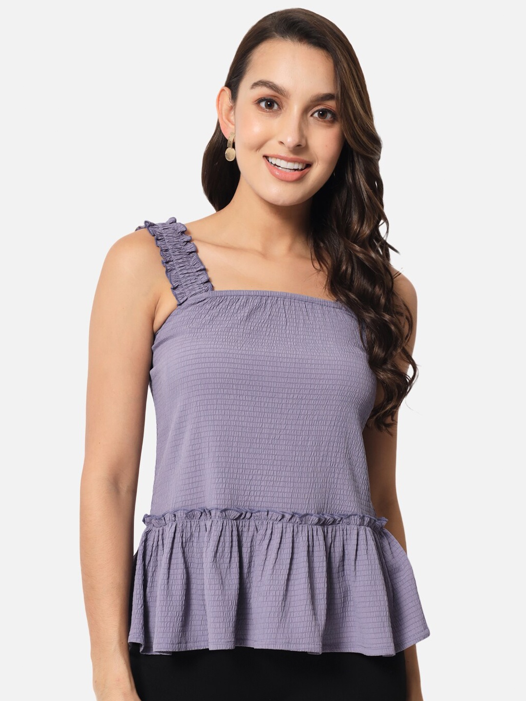 

ALL WAYS YOU Smocked Shoulder Straps Peplum Crepe Top, Purple