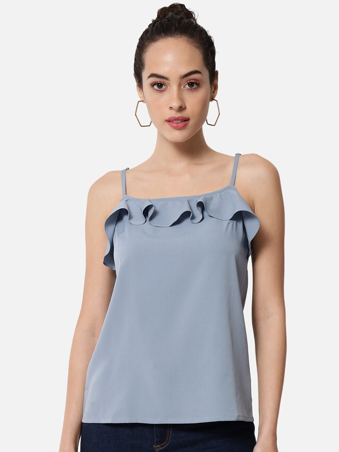 

ALL WAYS YOU Ruffled Shoulder Straps Crepe Top, Blue