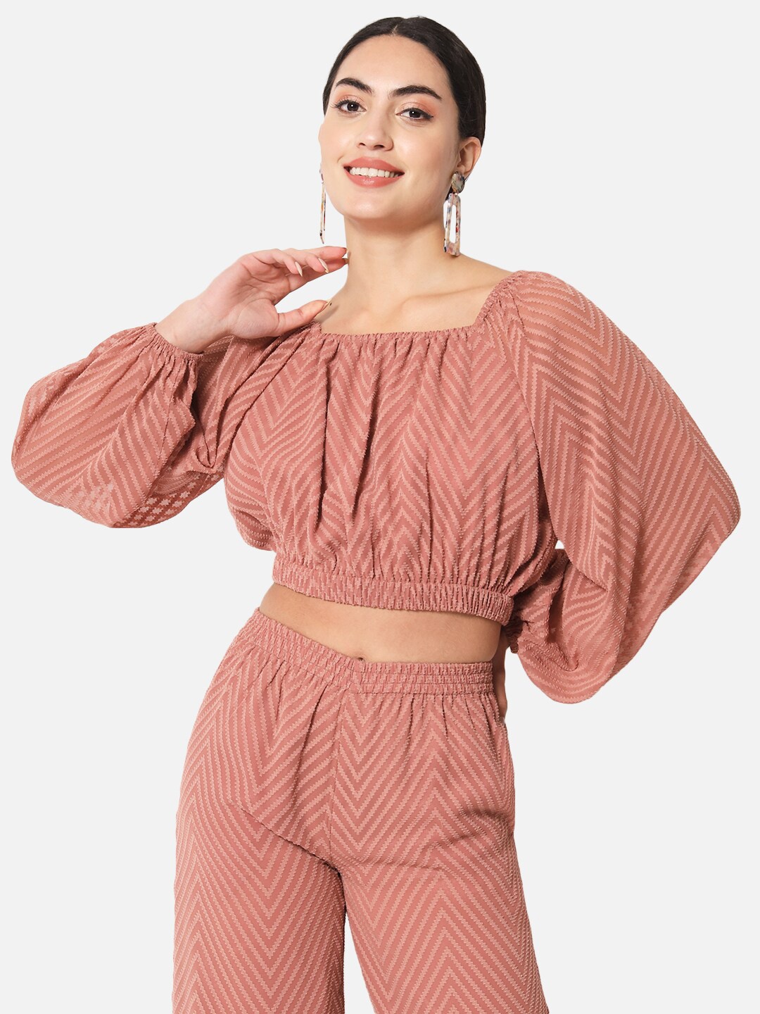 

ALL WAYS YOU Self Design Puff Sleeve Georgette Blouson Crop Top, Brown