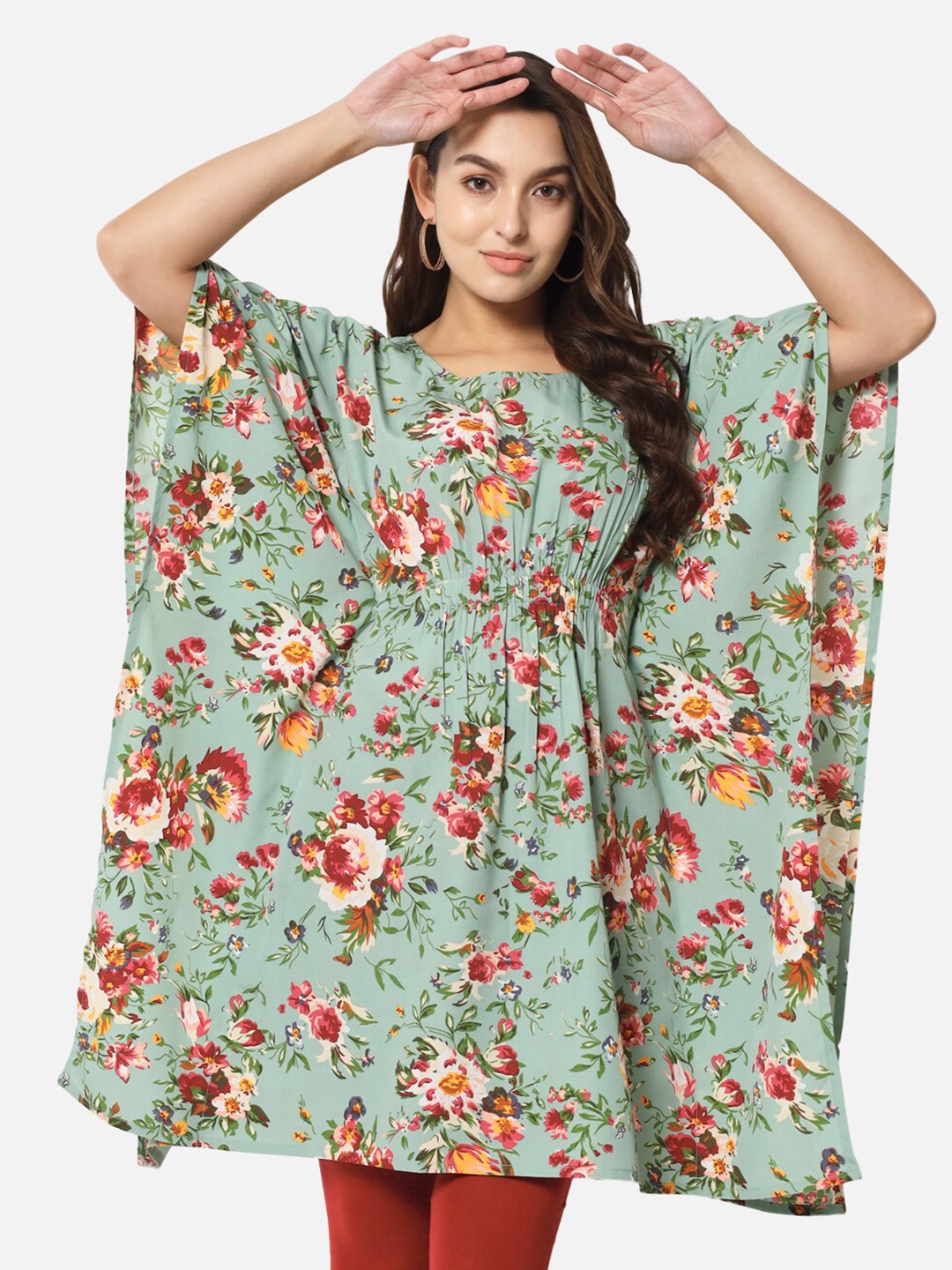 

ALL WAYS YOU Floral Printed Round Neck Gathered Kaftan Top, Green