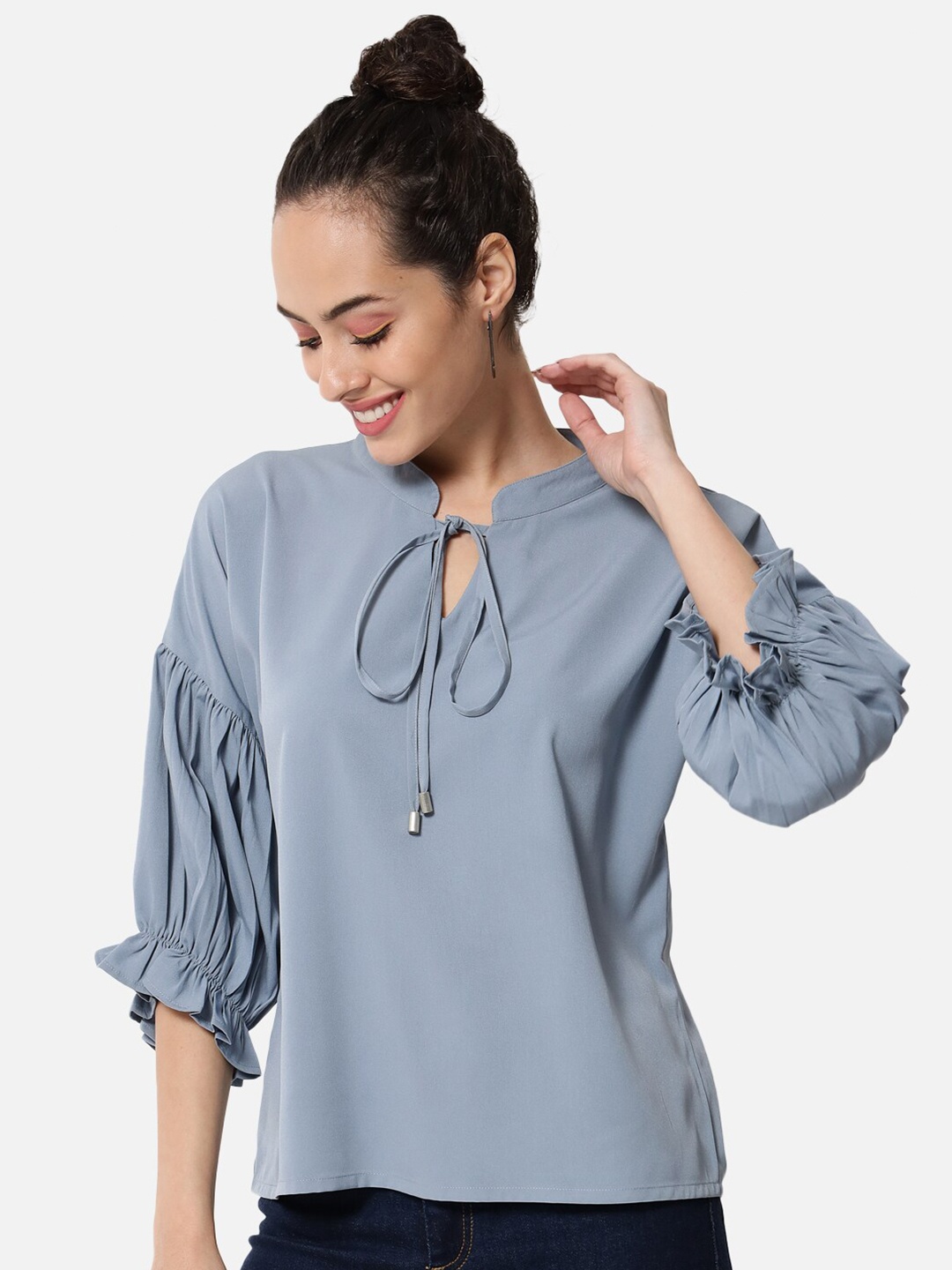 

ALL WAYS YOU Tie-Up Neck Puff Sleeve Crepe Top, Blue