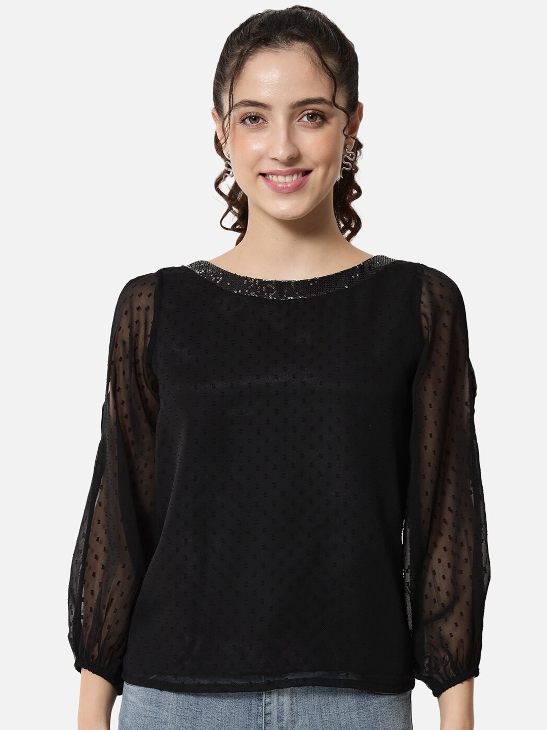 

ALL WAYS YOU Self Design Boat Neck Puff Sleeve Embellished Top, Black
