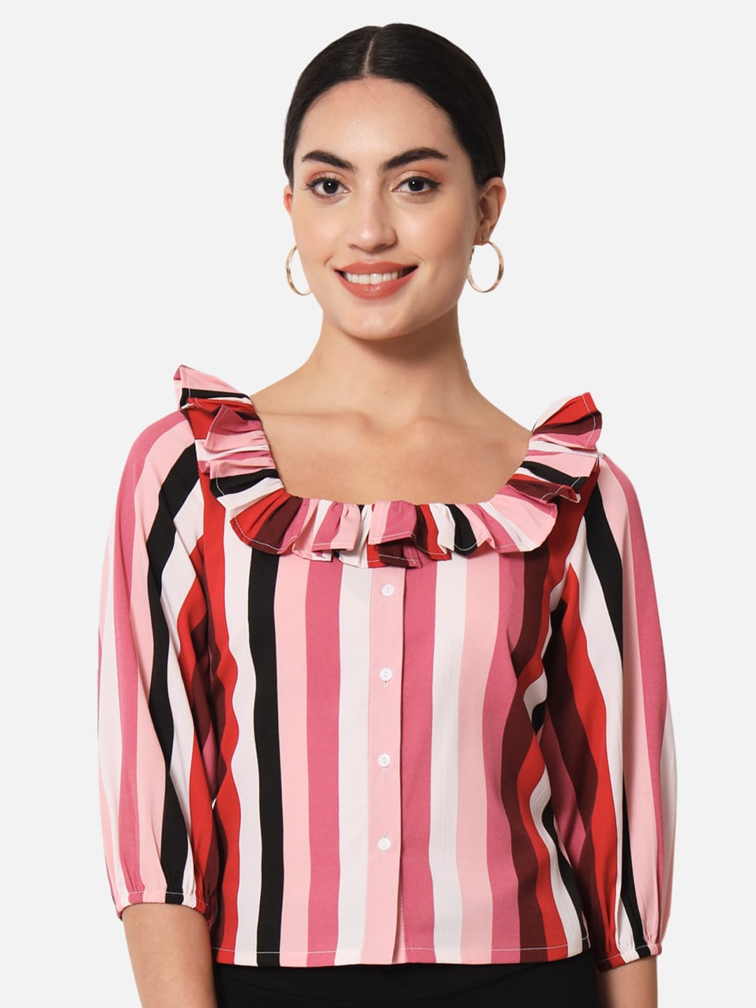 

ALL WAYS YOU Ruffled Puff Sleeves Striped Crepe Top, Multi