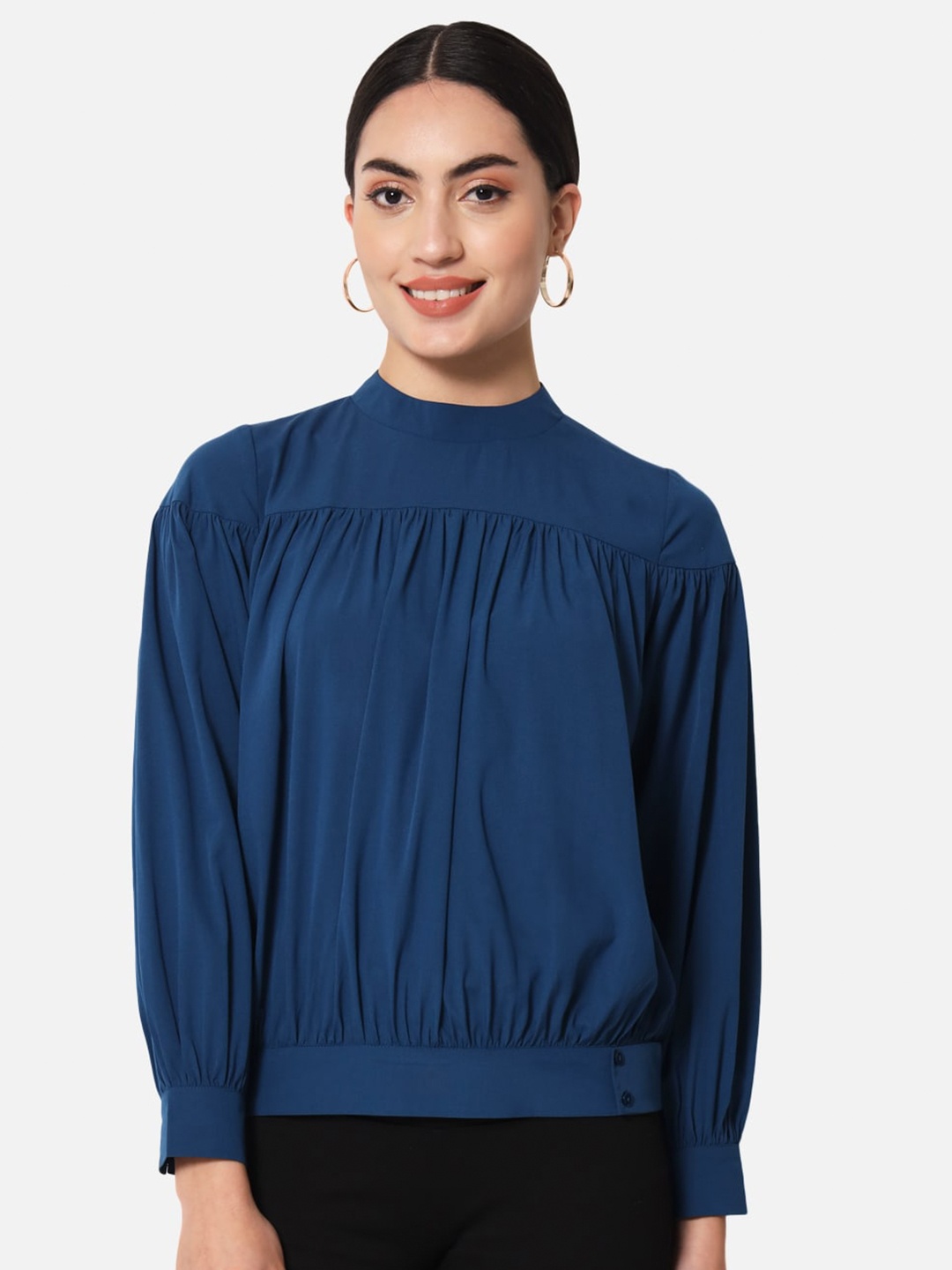 

ALL WAYS YOU High Neck Cuffed Sleeves Regular Top, Blue