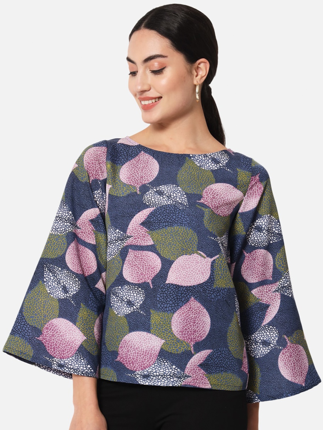 

ALL WAYS YOU Floral Printed Flared Sleeves Regular Top, Navy blue