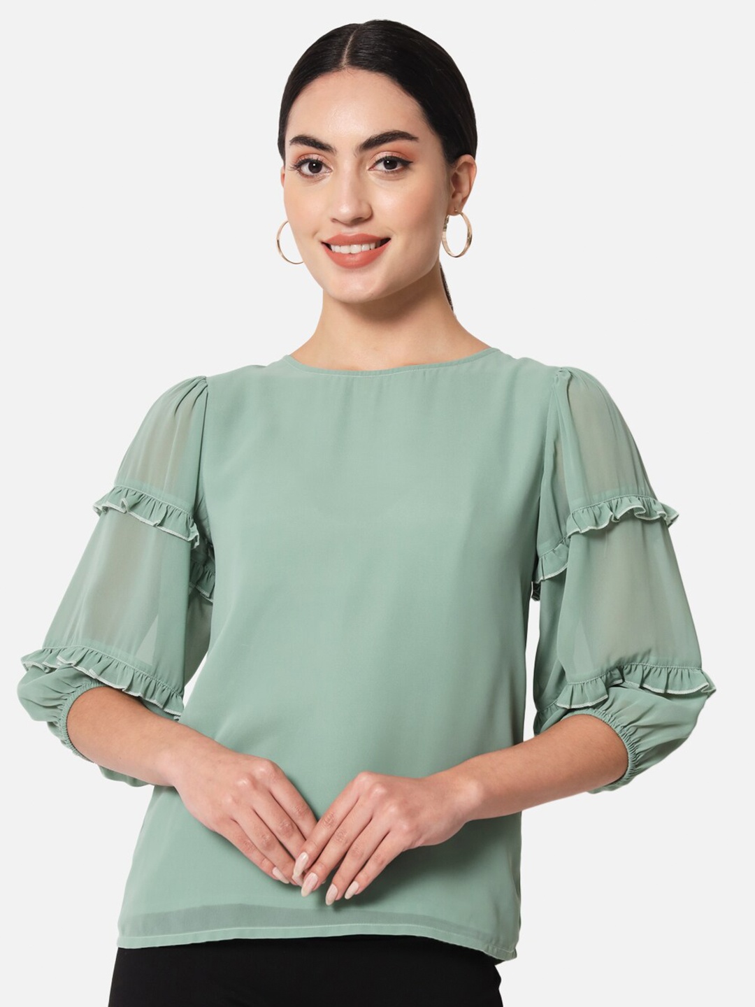 

ALL WAYS YOU Green Puff Sleeve Georgette Top