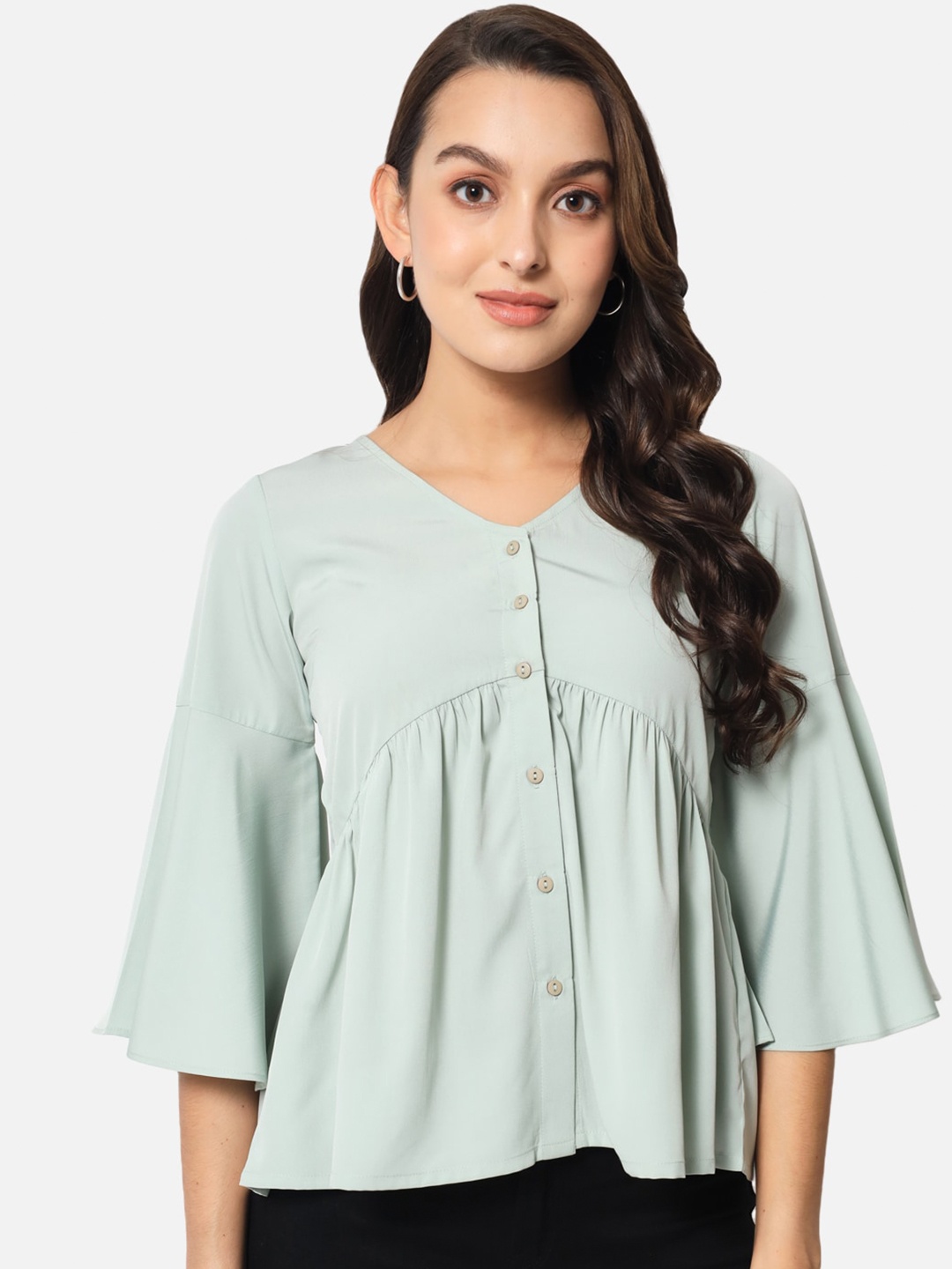 

ALL WAYS YOU Green Flared Sleeve Crepe Empire Top