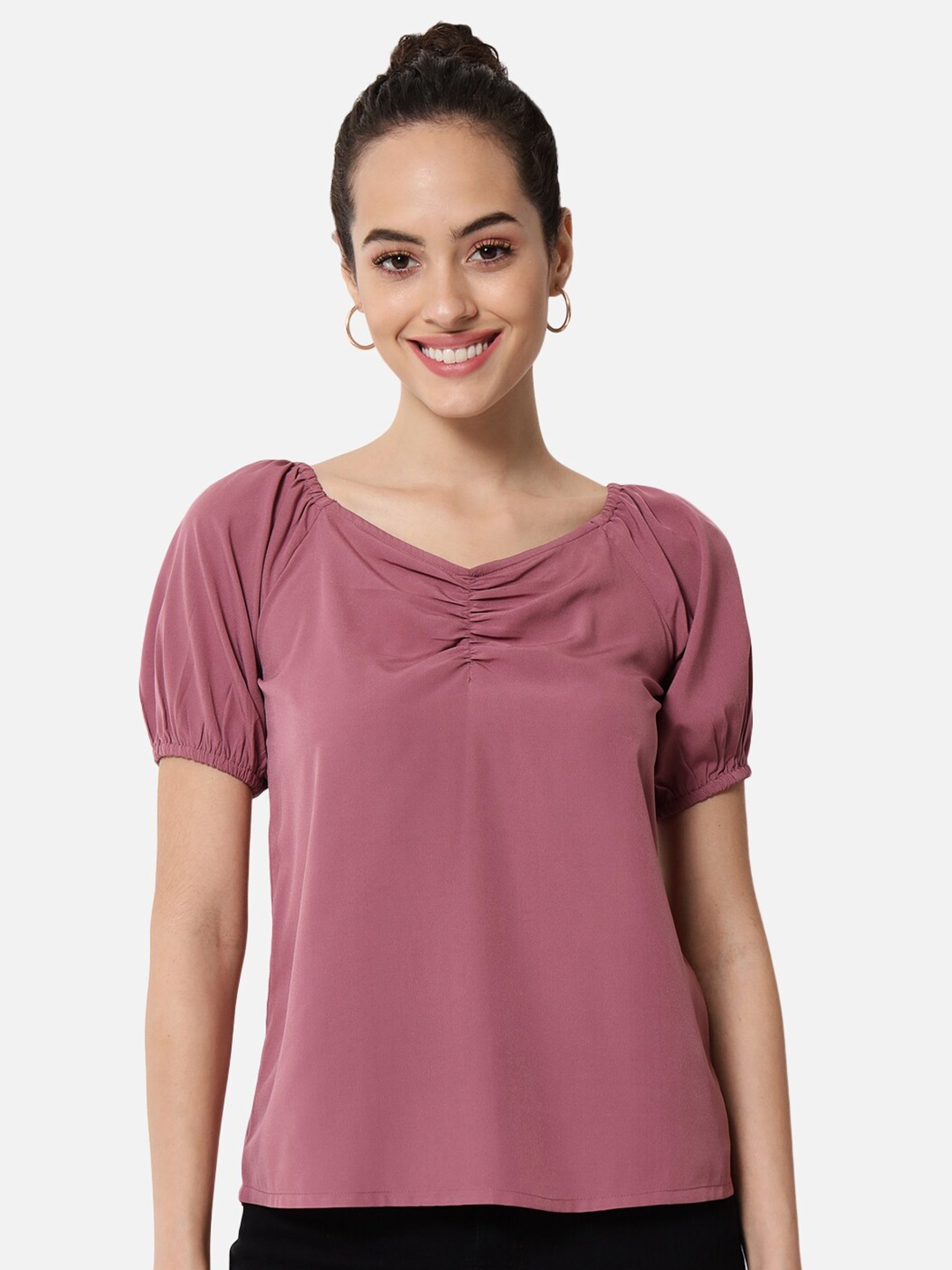 

ALL WAYS YOU V-Neck Puff Sleeve Gathered Top, Pink