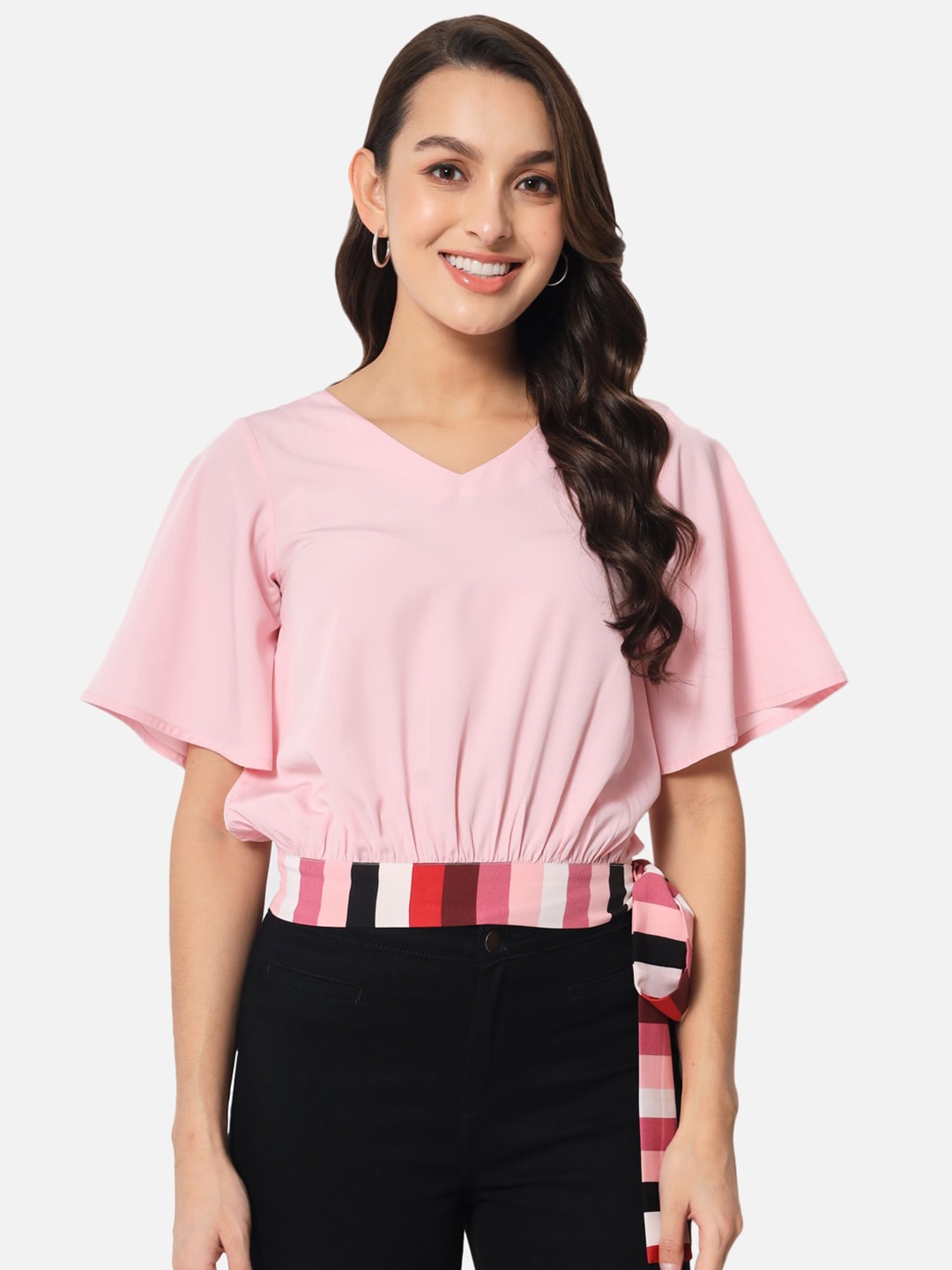 

ALL WAYS YOU Flared Sleeve Crepe Tie-Up Waist Top, Pink
