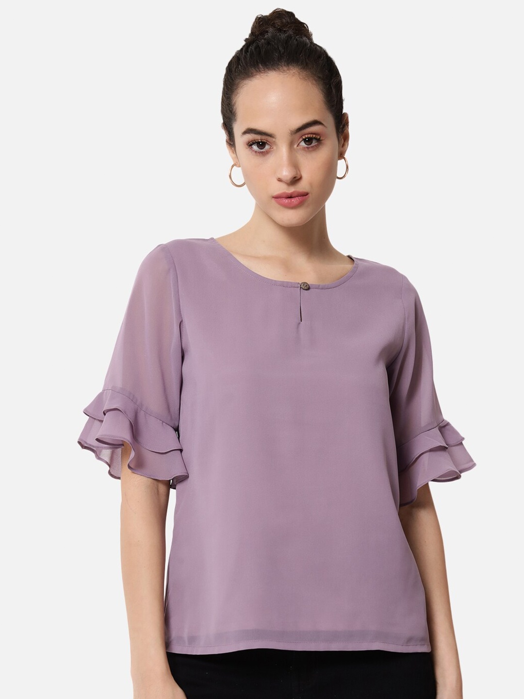 

ALL WAYS YOU Keyhole Neck Bell Sleeve Georgette Top, Purple