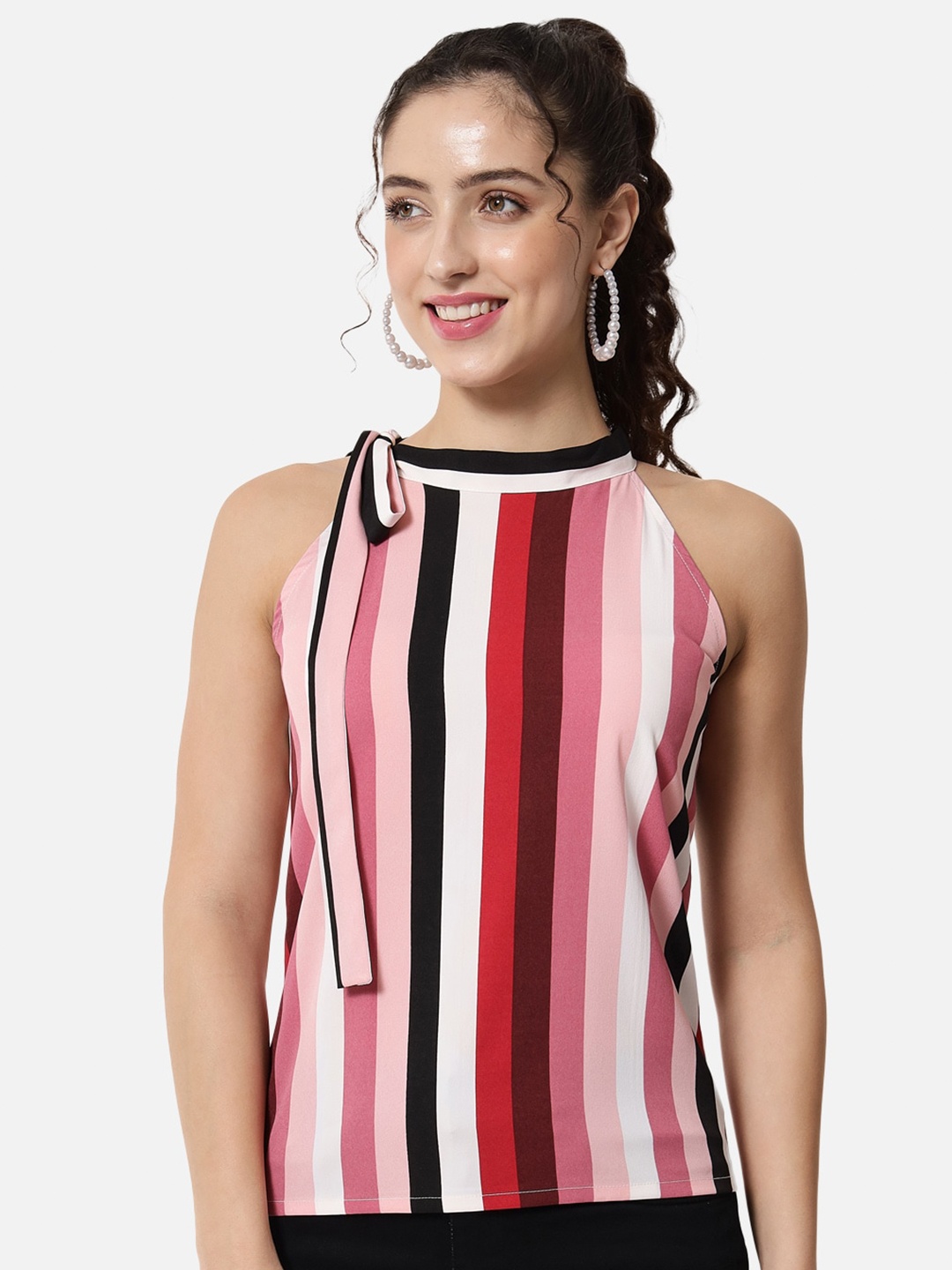 

ALL WAYS YOU Striped Tie-Up Neck Top, Black