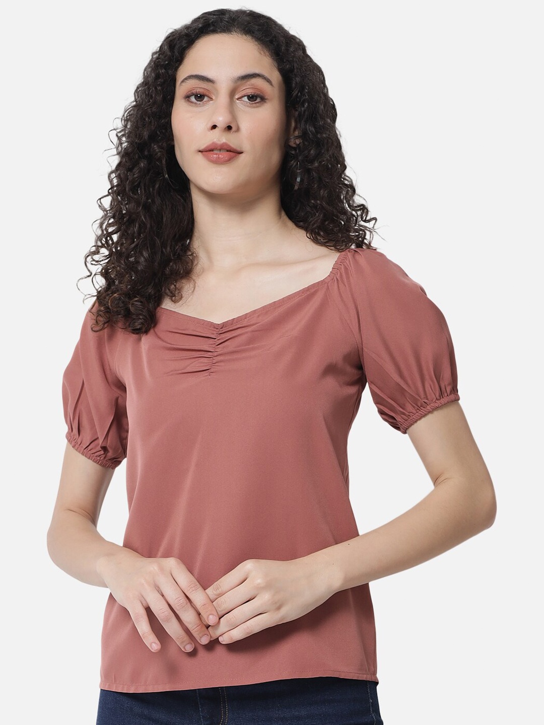 

ALL WAYS YOU V-Neck Puff Sleeves Gathers Top, Brown