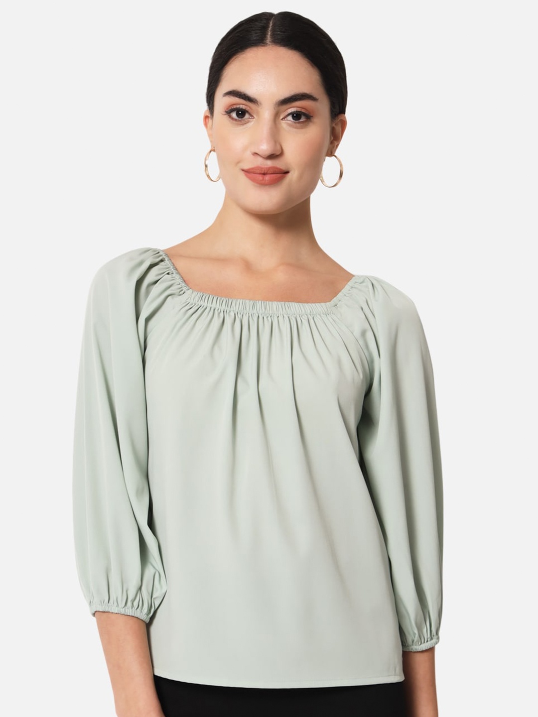 

ALL WAYS YOU Square Neck Puff Sleeves Regular Top, Green