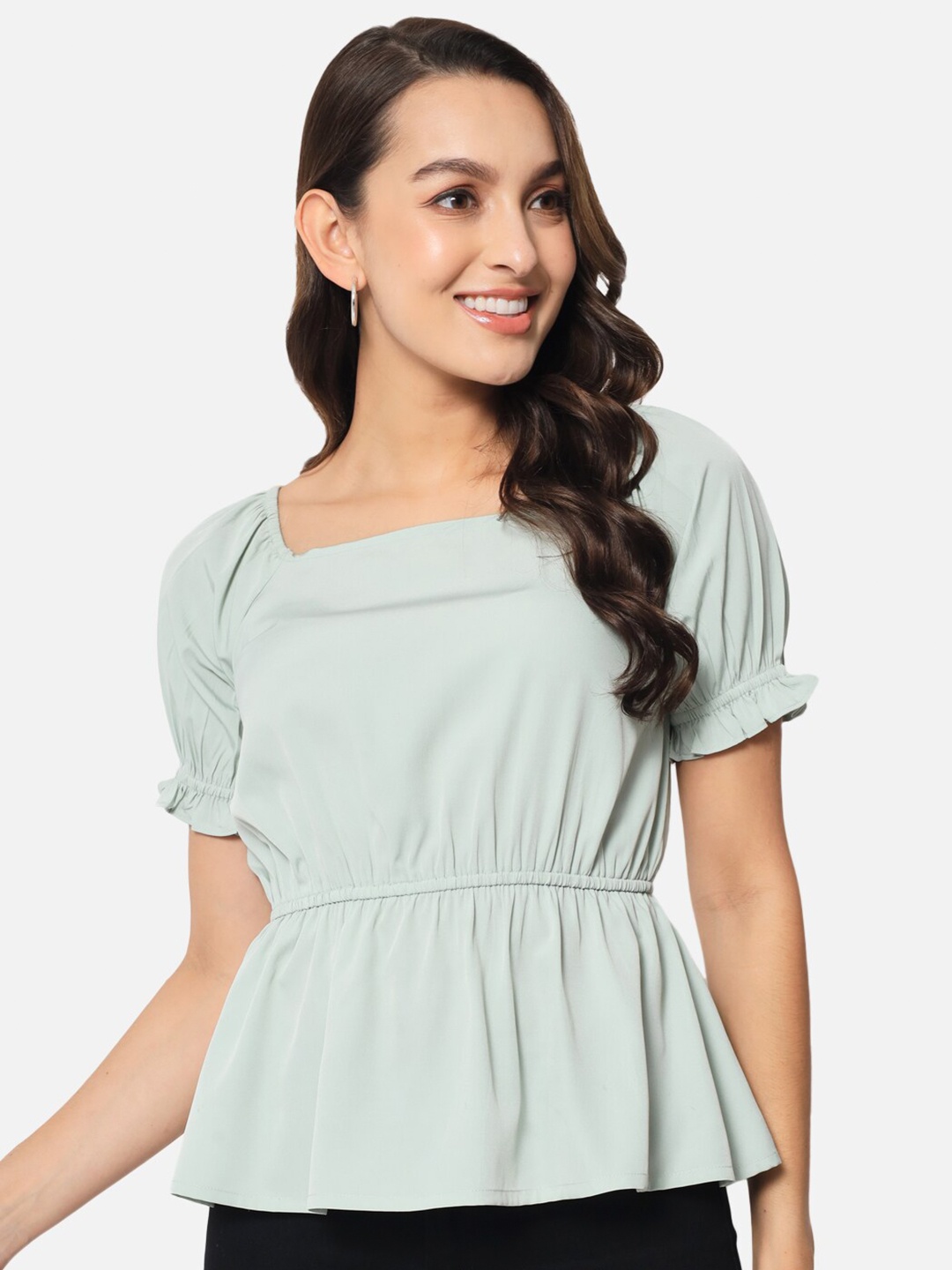

ALL WAYS YOU Puff Sleeves Square Neck Peplum Top, Green