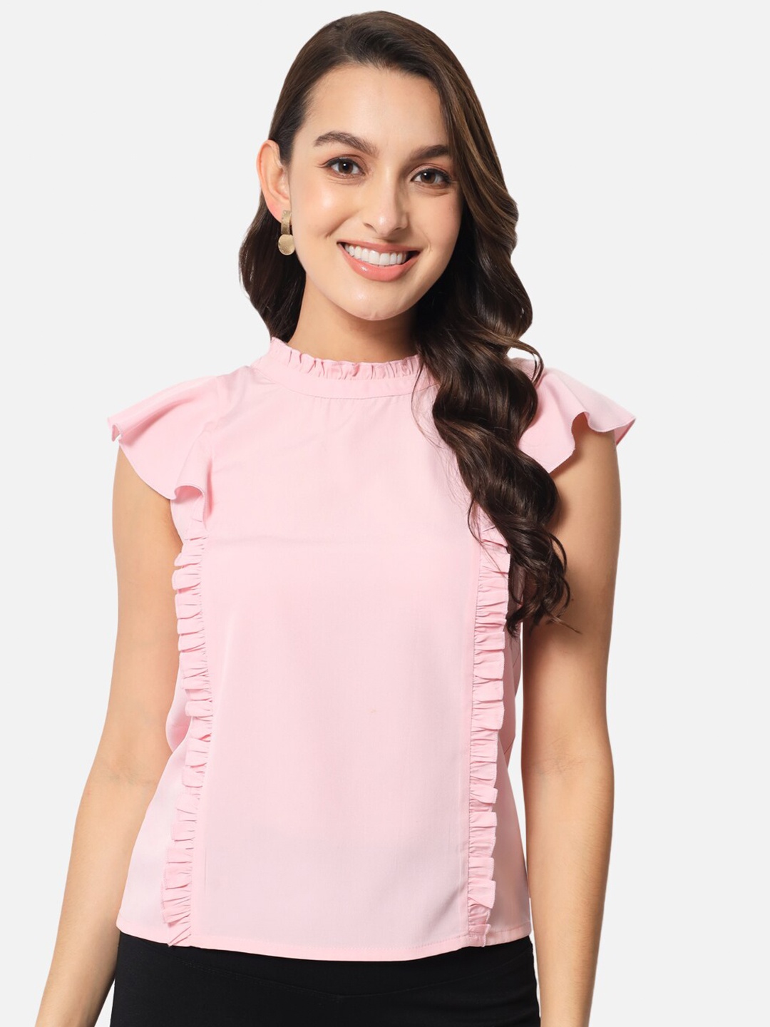

ALL WAYS YOU High Neck Flutter Sleeves Ruffled Top, Pink
