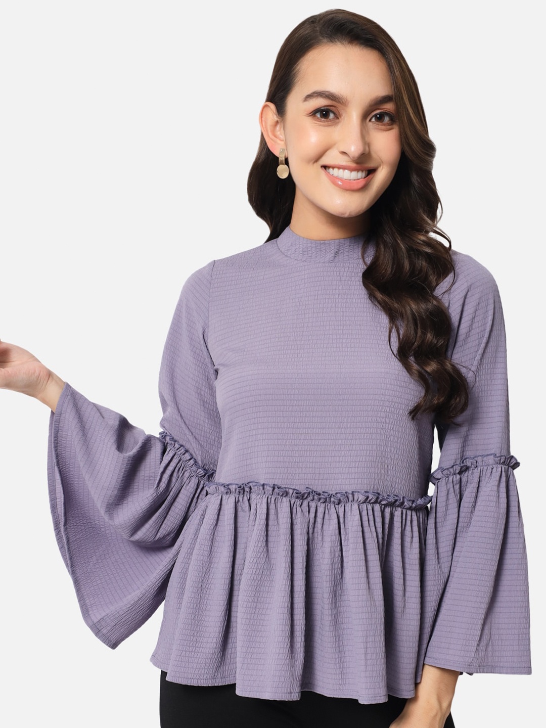 

ALL WAYS YOU High Neck Bell Sleeve Crepe Peplum Top, Purple