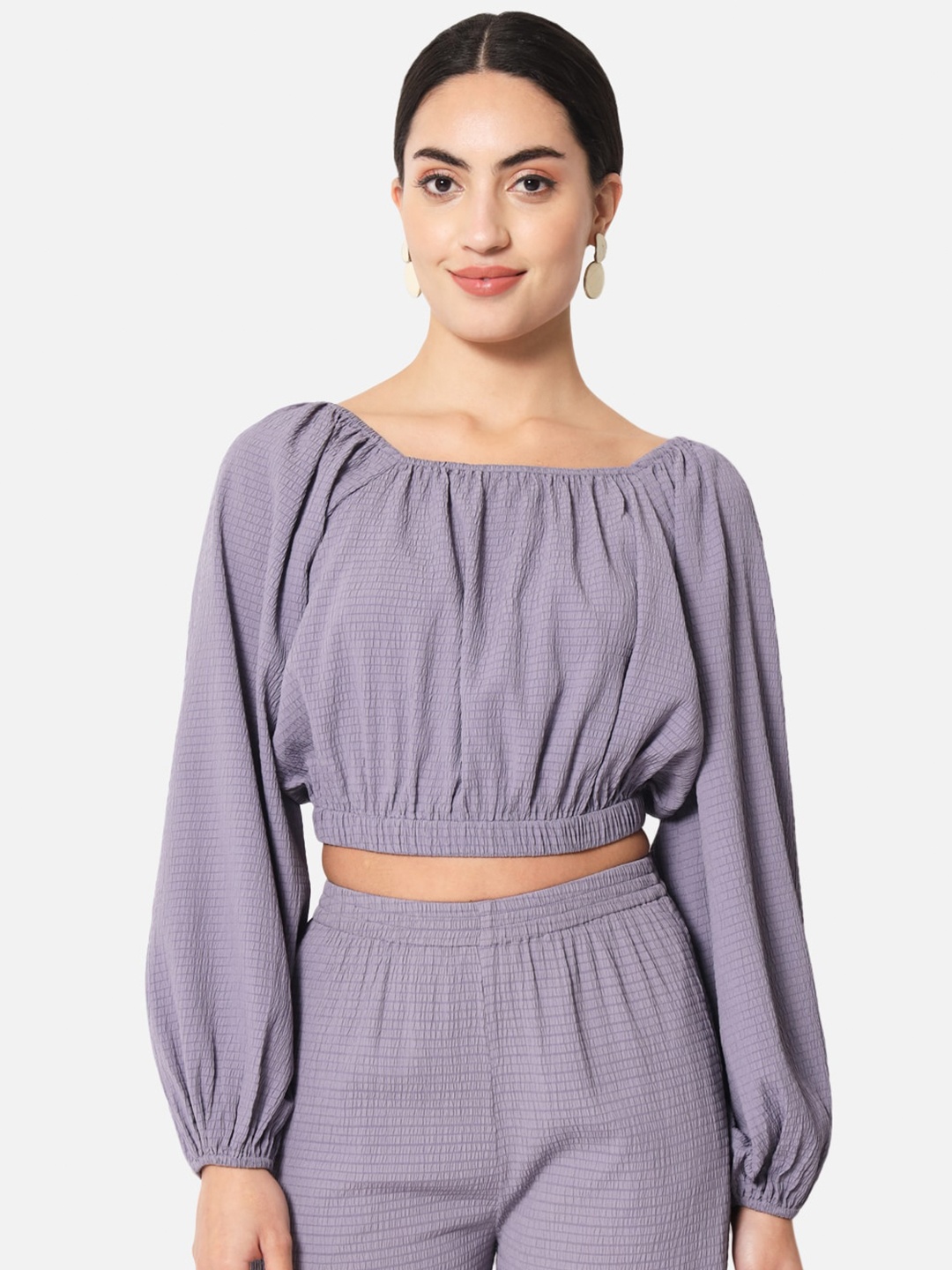 

ALL WAYS YOU Square Neck Puff Sleeves Gathered Blouson Crop Top, Purple