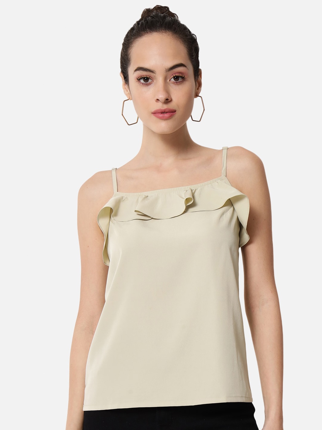 

ALL WAYS YOU Shoulder Straps Ruffled Regular Top, Beige