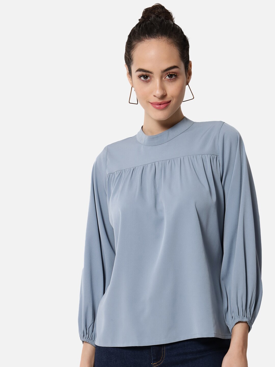 

ALL WAYS YOU High Neck Puff Sleeves Regular Top, Blue