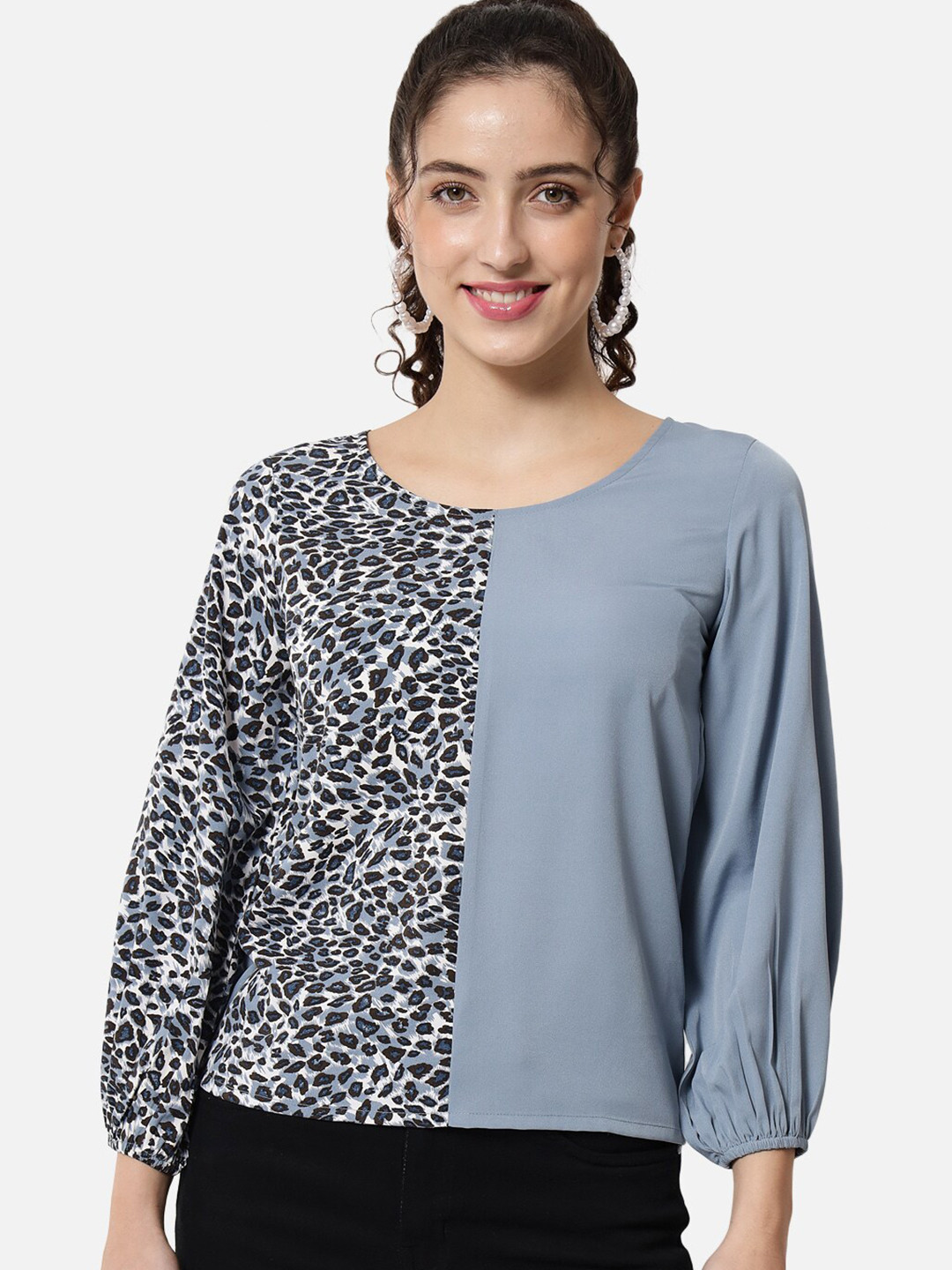 

ALL WAYS YOU Animal Printed Puff Sleeves Top, Grey