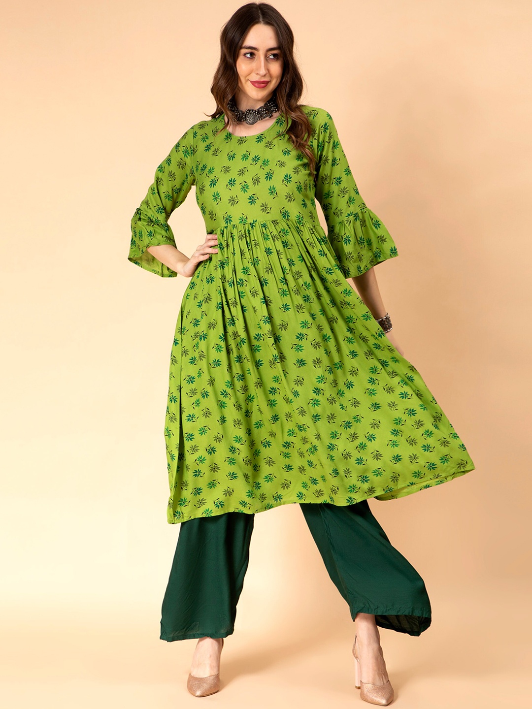 

Fabclub Floral Printed Round Neck Anarkali Kurta, Green