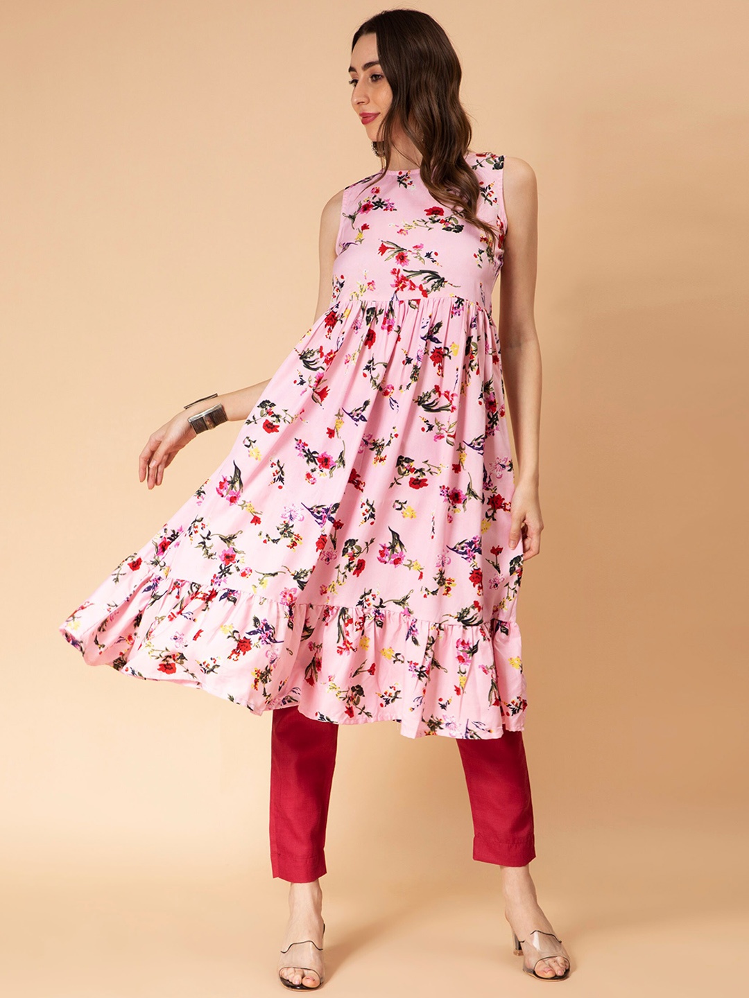 

Fabclub Floral Printed Sleeveless A-Line Kurta, Pink