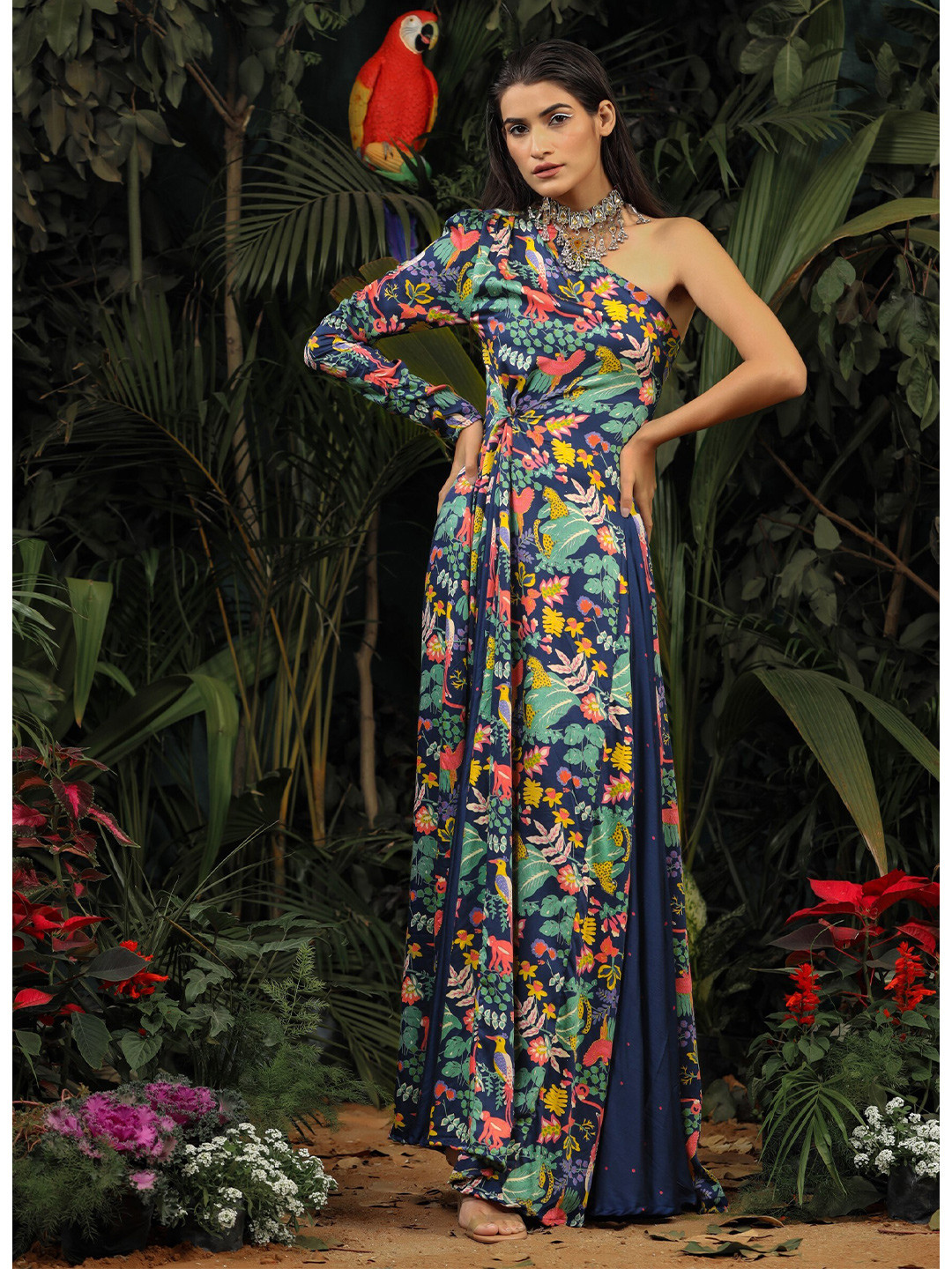 

Baise Gaba Blue Floral Print Satin Empire Maxi Dress