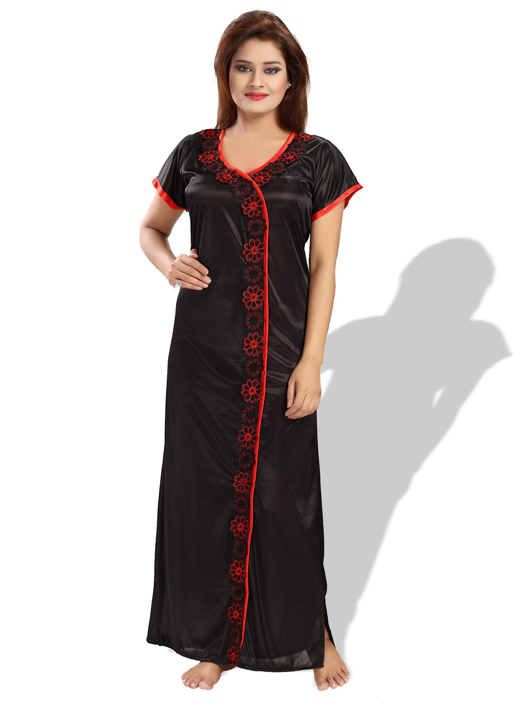 

SHOPPING STATION Floral Embroidered Satin Maxi Nightdress, Black