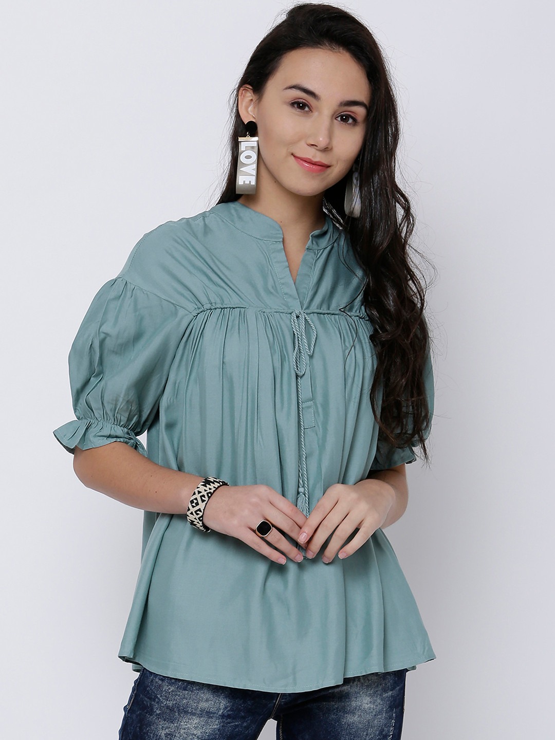 

Tokyo Talkies Women Blue Solid Boxy Top