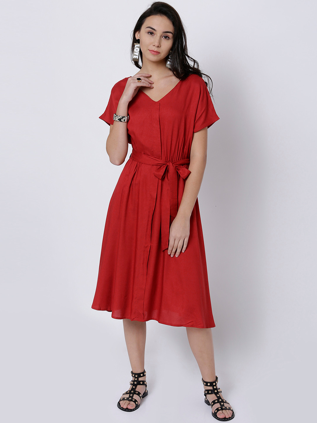 

Tokyo Talkies Women Red Solid Midi A-Line Dress
