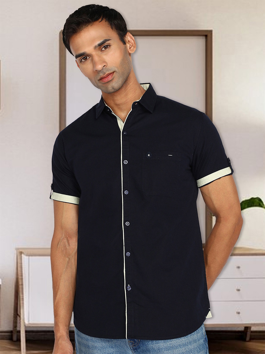 

Kuons Avenue Spread Collar Short Sleeves Slim Fit Casual Shirt, Navy blue