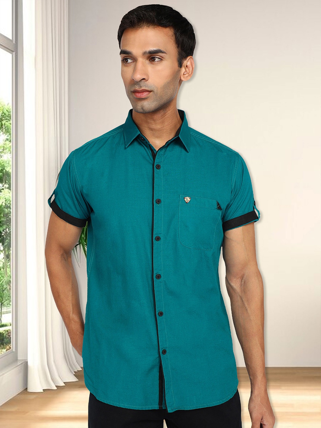

Kuons Avenue Spread Collar Short Sleeves Slim Fit Casual Shirt, Blue