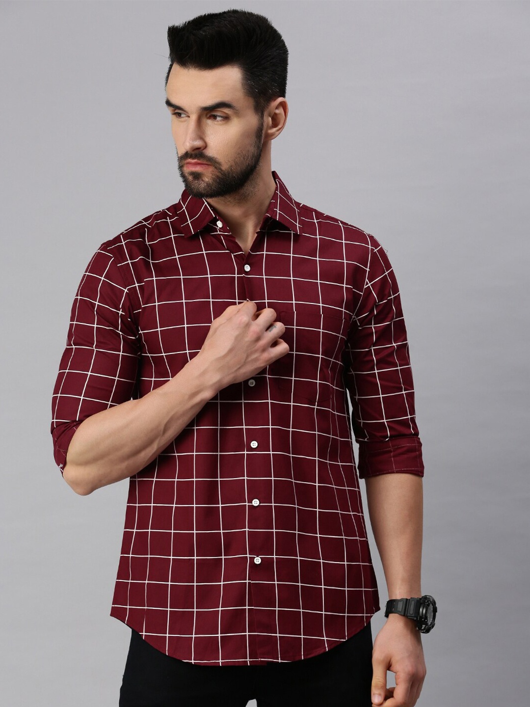 

PEPPYZONE Standard Windowpane Checks Cotton Casual Shirt, Maroon