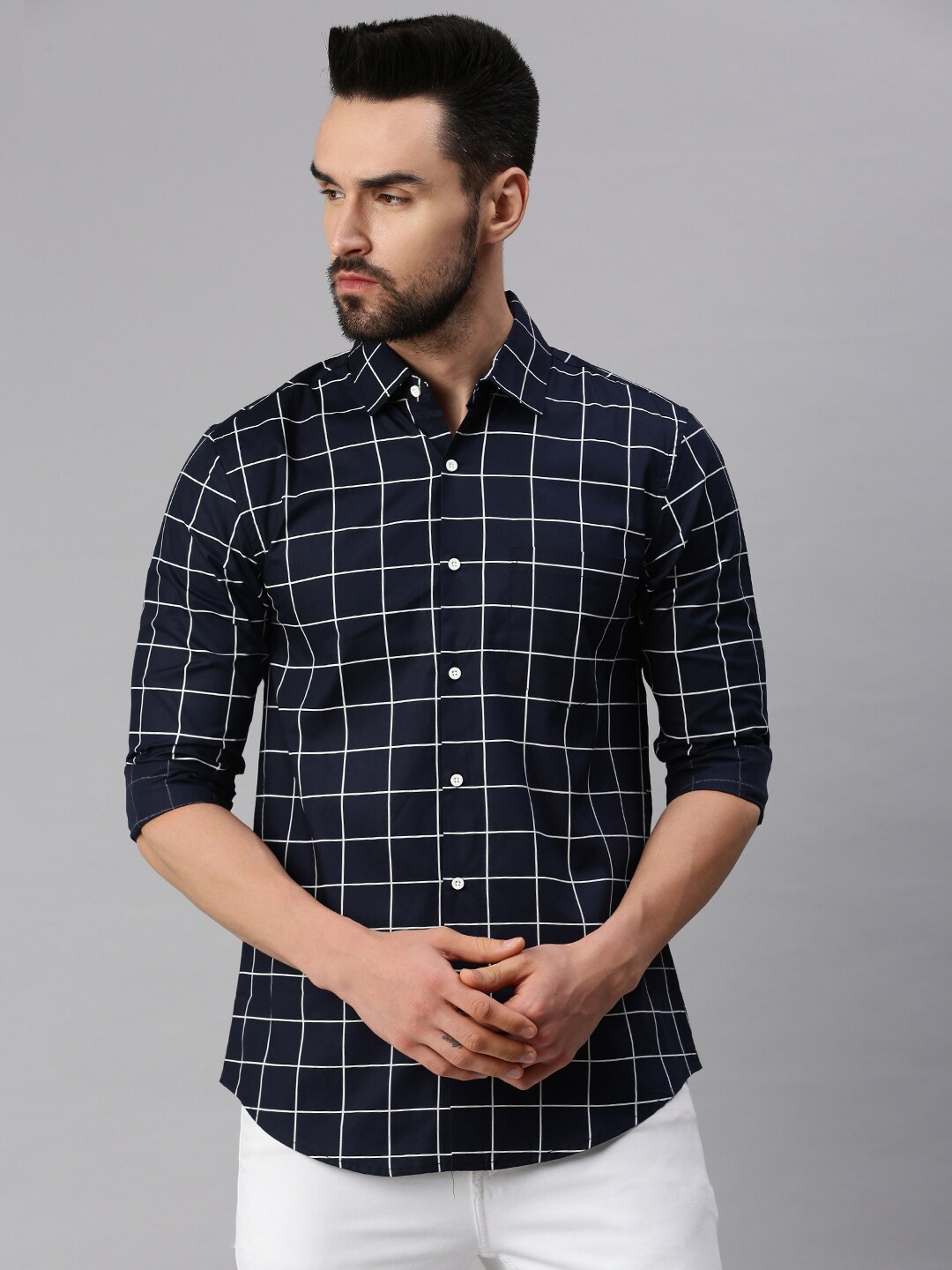 

PEPPYZONE Standard Windowpane Checks Cotton Casual Shirt, Navy blue