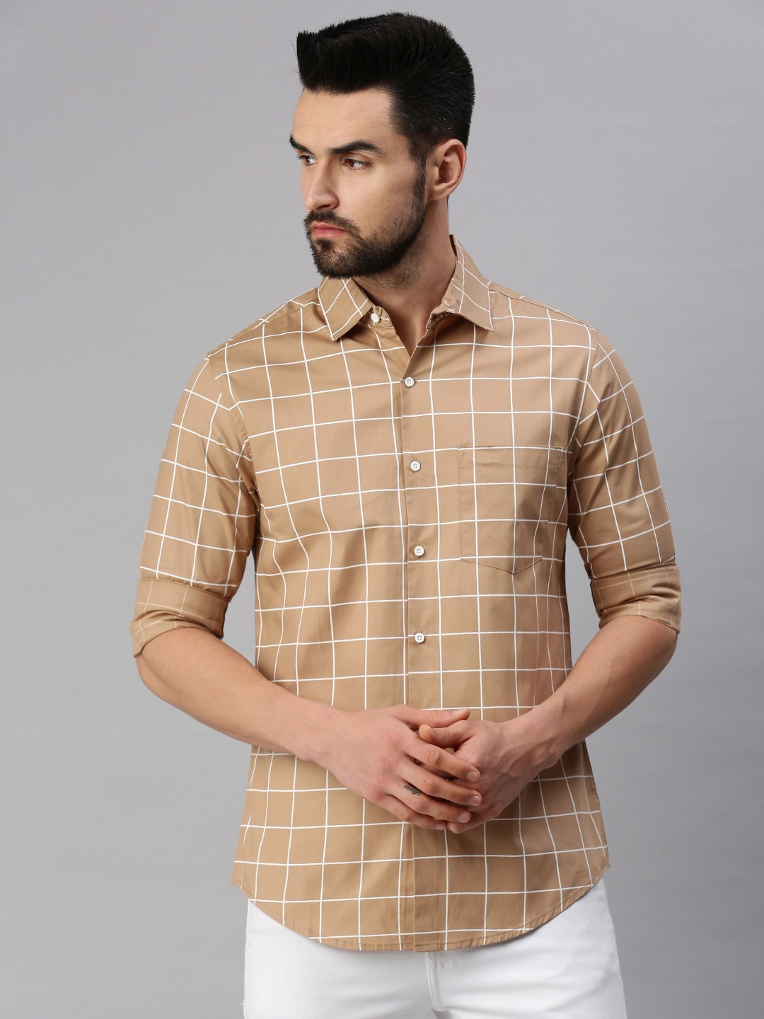 

PEPPYZONE Windowpane Checked Spread collar Standard Cotton Casual Shirt, Beige