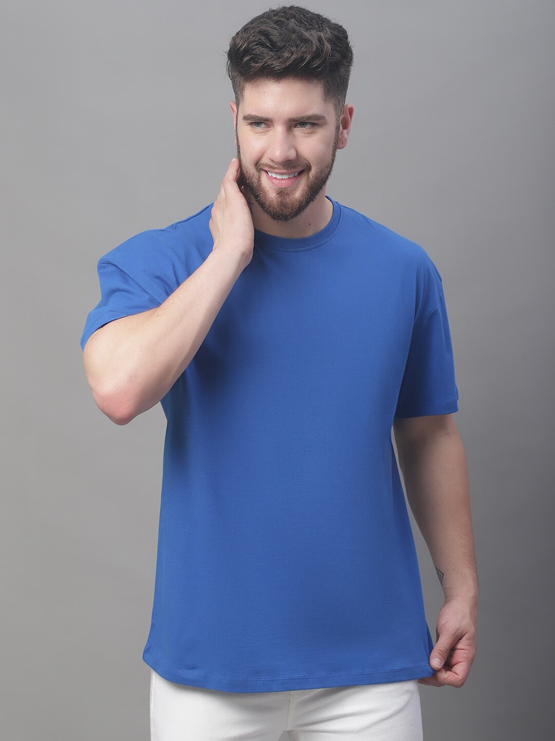

DOOR74 Drop-Shoulder Sleeves Loose Cotton T-shirt, Blue