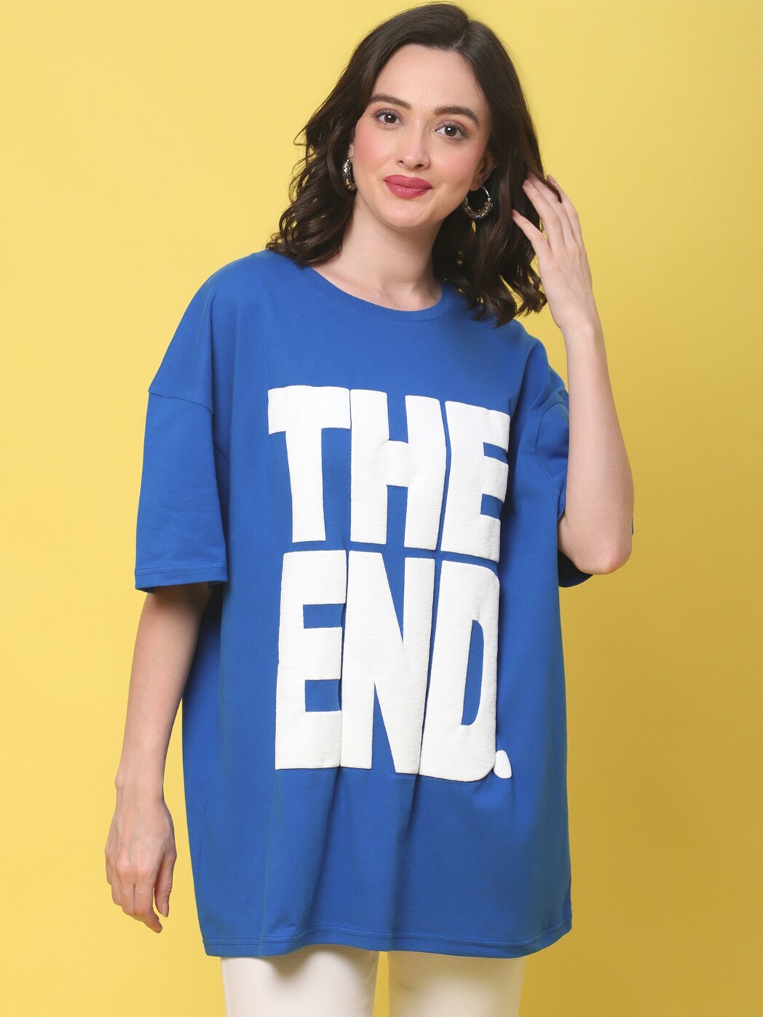 

DOOR74 Typography Printed Loose Cotton T-shirt, Blue