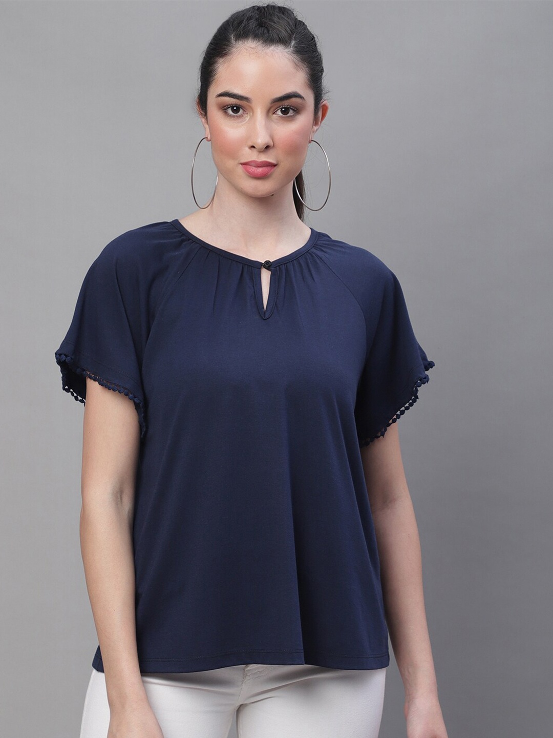 

Rute Keyhole Neck Raglan Sleeves Cotton Top, Navy blue