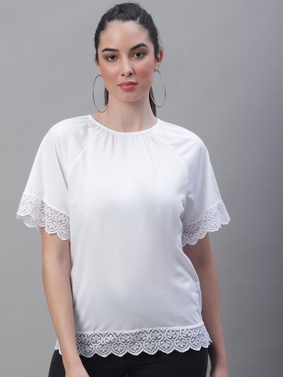 

Rute Embroidered Round Neck Raglan sleeves Regular Cotton Top, White