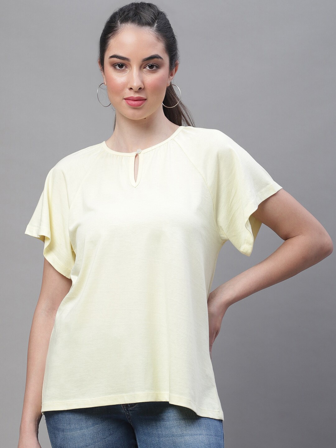 

Rute Keyhole Neck Raglan Sleeves Cotton Top, Yellow