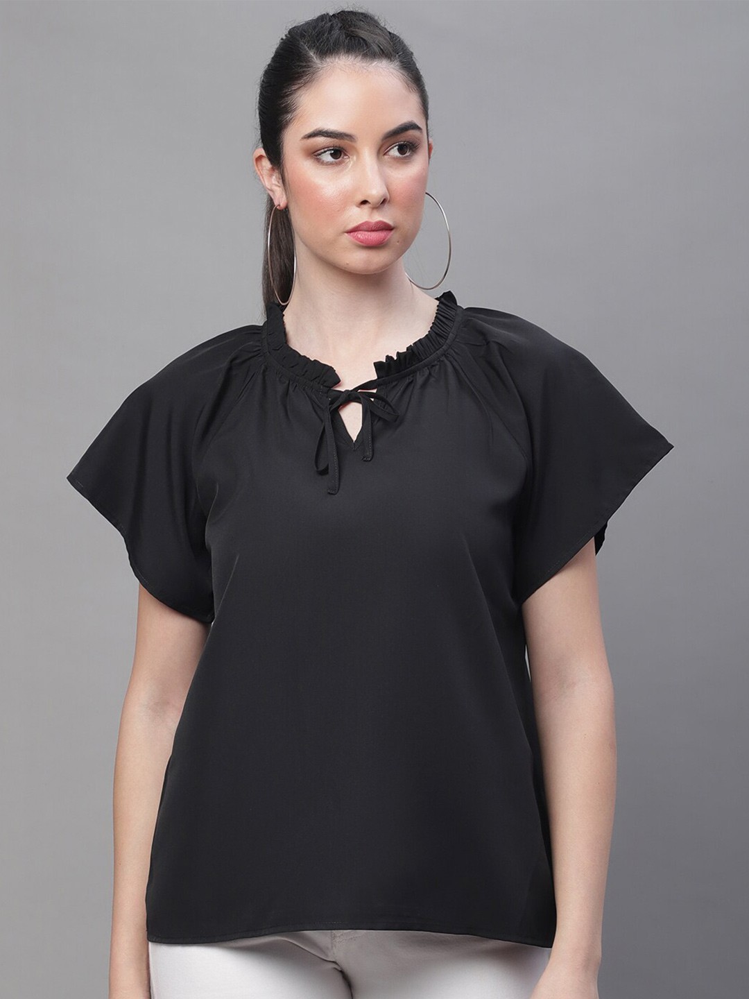 

Rute Tie-Up Neck Raglan Sleeves Cotton Top, Black